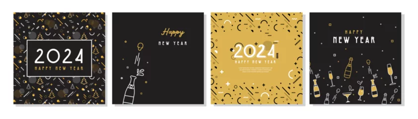 Fotobehang Happy New Year- 2024 . Collection of greeting background designs, New Year, social media promotional content. Vector illustration. 2024 celebration © jennylipmic