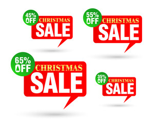 Christmas sale tag speech red bubble. Set of 35%, 45%, 55%, 65% off discount