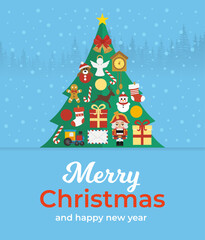 Fototapeta premium Merry Christmas and Happy New Year concept design flat banner with christmas tree