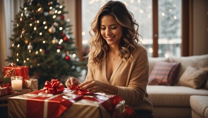 Fototapeta na wymiar happy young woman unwrapping gift on christmas eve at home 