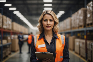 Confident blonde engineer in orange vest in blue suit standing with clipboard at storage facilities