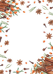 Vertical frame of cinnamons, star anise, sea buckthorn, pine needles, cloves. Watercolor illustration. Composition of orange berries, brown spices for Christmas and New Year decoration