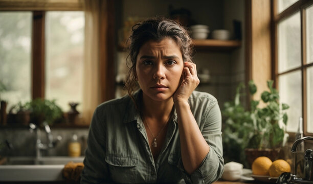 Portrait Of A Forlorn Worried Middle Age Woman Sitting At The Kitchen Looking At Camera