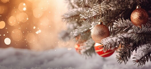 Fototapeta na wymiar closeup Christmas tree in winter snow fall night decorated with gold and red Christmas globes, Xmas and new year background wallpaper, Generative Ai