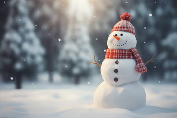 Fototapeta premium happy snowman under the the snowfall. Winter season background