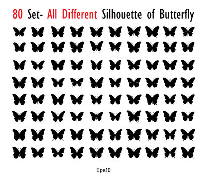 Bundle of vector butterfly silhouettes, all different, each distinct. A comprehensive collection of black butterfly silhouette clipart for use in clipart and laser cutting.