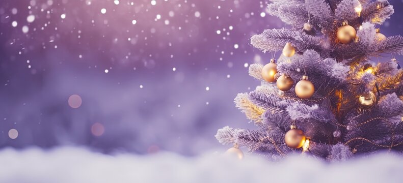 close up Christmas tree in winter snow fall evening decorated with gold and purple Christmas globes, Xmas and new year background wallpaper, Generative Ai