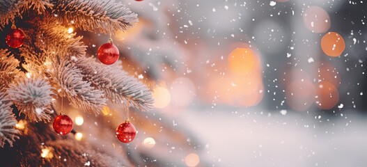 Christmas tree in winter snow fall night decorated with gold and red Christmas globes, Xmas and new year background wallpaper, Generative Ai - obrazy, fototapety, plakaty