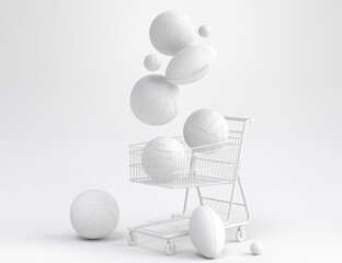 Set of ball like basketball, football and golf in shopping cart on monochrome