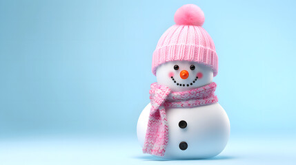 Stylish snowman in a pink knitted hat and scarf on a blue background. Pastel shades