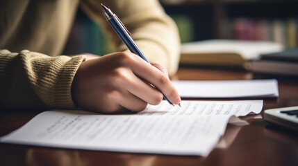 A person's hand is seen writing notes with a pen on a piece of paper, suggesting a moment of study or work at a desk.