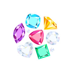 Multi-colored gems isolated on white background. Vector cartoon flat illustration of jewelry. 