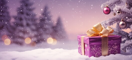 Obraz na płótnie Canvas closeup purple gift box and Christmas tree in winter snow fall night decorated with ribbon, Xmas and new year bokeh light background wallpaper with copy space, Generative Ai