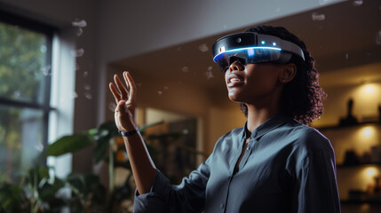 A woman is wearing a virtual reality headset, her hand raised in a gesture of interaction with the immersive experience she is engaged in.