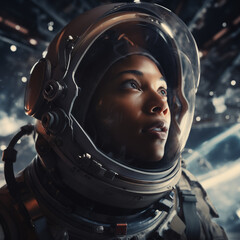 Close up portrait of african american young woman astronaut in protective spacesuit. Created with generative AI.