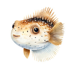 Watercolor puffer fish. Generative AI, png