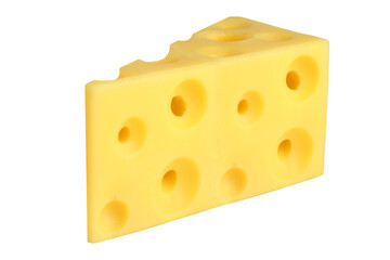 Piece of Maasdam cheese with holes on an isolated white background.