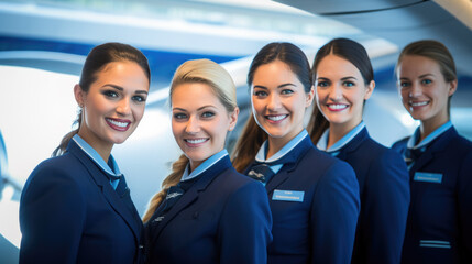 A group of professional flight attendants in blue uniforms, lined up
