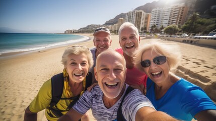 group of smiling European pensioners having fun at a mediterranean city beach looking at the camera - obrazy, fototapety, plakaty