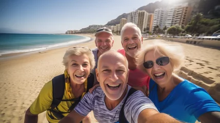 Abwaschbare Fototapete Kanarische Inseln group of smiling European pensioners having fun at a mediterranean city beach looking at the camera