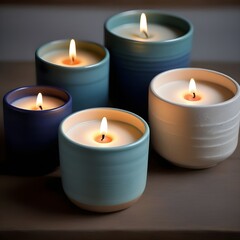 Fototapeta na wymiar Aromatic soy wax candles in artisanal ceramic holders, creating a cozy ambiance. 