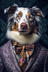 Dog Australian Shepherd dressed in an elegant suit with a nice tie. Fashion portrait of an anthropomorphic animal posing with a charismatic human attitude