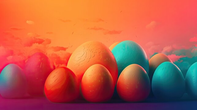 Easter landscape with colorful eggs .