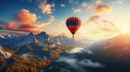 Foto op Canvas beautiful paradise landscape with colorful hot air balloon flying in the sunrays sky, travel destination © JuJamal