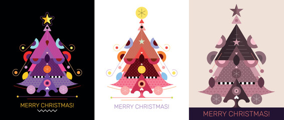 Three options of a Christmas Tree vector design.