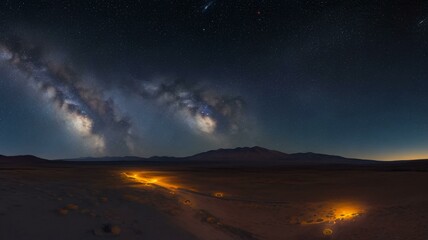 A panoramic view on a starry night sky in the Desert, capturing the Milky Way and other celestial bodies 