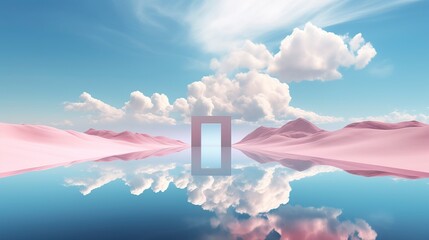 Abstract minimalistic fantasy landscape with mountains, sea and clouds. AI Generation