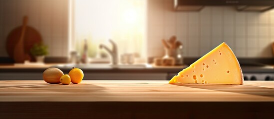 In the kitchen the white light illuminates the wooden table where a triangle of orange cheese sits on a yellow board showcasing a healthy cooking option for a balanced diet - obrazy, fototapety, plakaty
