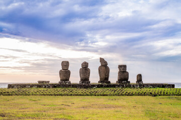 moais in Tahai at sunset, Rapa Nui, Easter Island