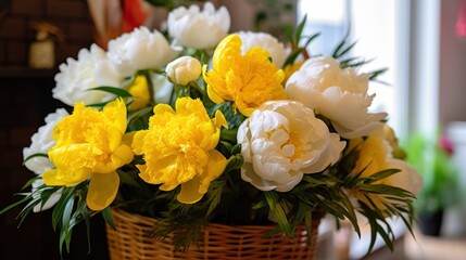 Naklejka na ściany i meble Bouquet of peonies. Beautiful Peonies. Springtime Concept. Mothers Day Concept with a Copy Space. Valentine's Day.