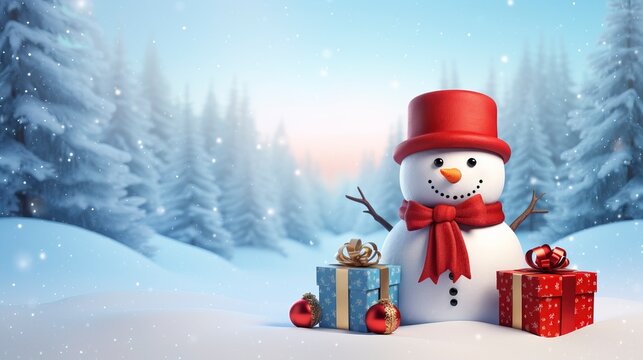 Snowman against the backdrop of a winter landscape with gifts. AI Generation