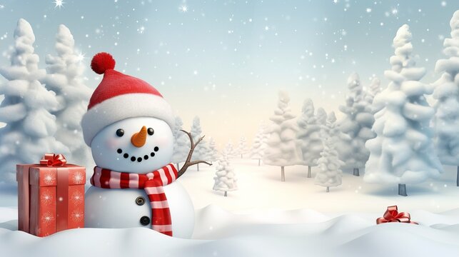 Snowman against the backdrop of a winter landscape with gifts. AI Generation