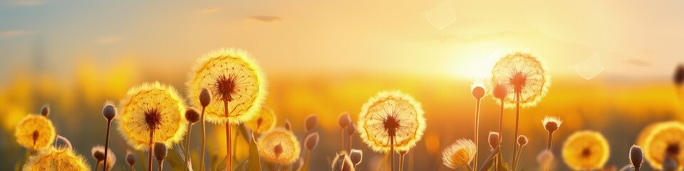 close-up macro dandelion flowers on meadow in nature in summer at sunset sunrise. Ultra wide banner format. - obrazy, fototapety, plakaty