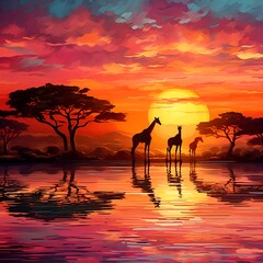 silhouette of giraffes at sunset