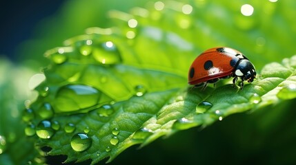 Photo of Beautiful water drops sparkle and ladybug in sun on leaf in sunlight, macro. Big droplet of morning dew outdoor.