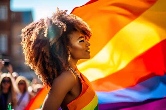 Happy smiling black woman on Pride Day. Generative AI