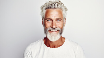 Obraz premium Portrait of handsome bearded elderly man keeps self confident cheerful expression at camera wears formal shirt and spectacles for vision correction isolated on white wall