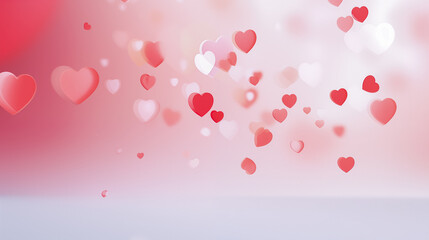 Obraz premium St. Valentine's day background - a collection of red and pink hearts of varying sizes and shades, floating on a gradient pink and white background. Dreamy and romantic feel.