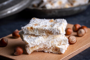 Traditional delicious Turkish dessert; cezerye with hazelnuts and coconut (Turkish name; Findikli madonna)