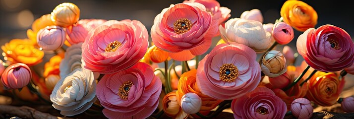 A colorful array of ranunculus blossoms. Panoramic Vibrant Ranunculus Flowers Wallpaper Background.