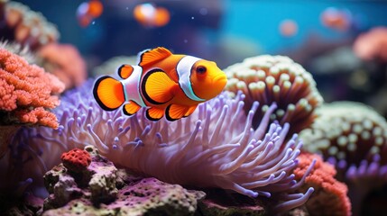 Naklejka na ściany i meble Lone clownfish surrounded by anemone tentacles in vibrant, colorful reef habit.
