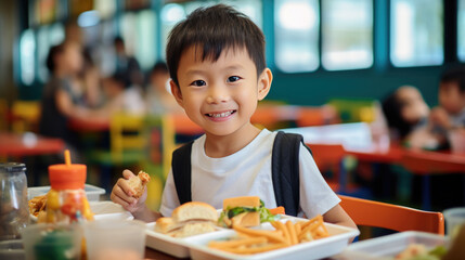 Young boy preschooler sitting in the school cafeteria eating lunch.