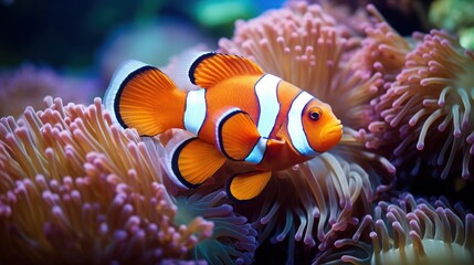 Fototapeta na wymiar Colorful anemonefish or clownfish dancing with tentacled anemones in coral reef aquarium.
