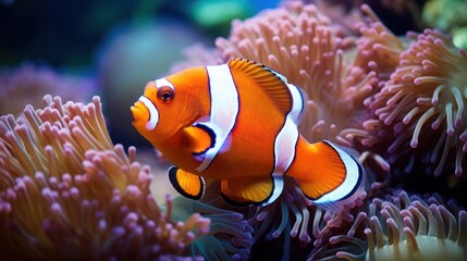 Naklejka na ściany i meble Luminous clownfish swim around in a symbiotic relationship with host anemones.