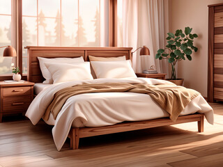 Wooden bed with white bedding in a clean and pleasant architecture.