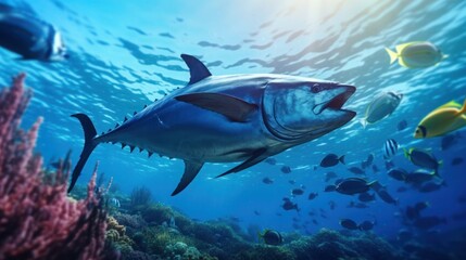 Tuna in focus accompanied by a school of tropical fish in the Coral Sea.